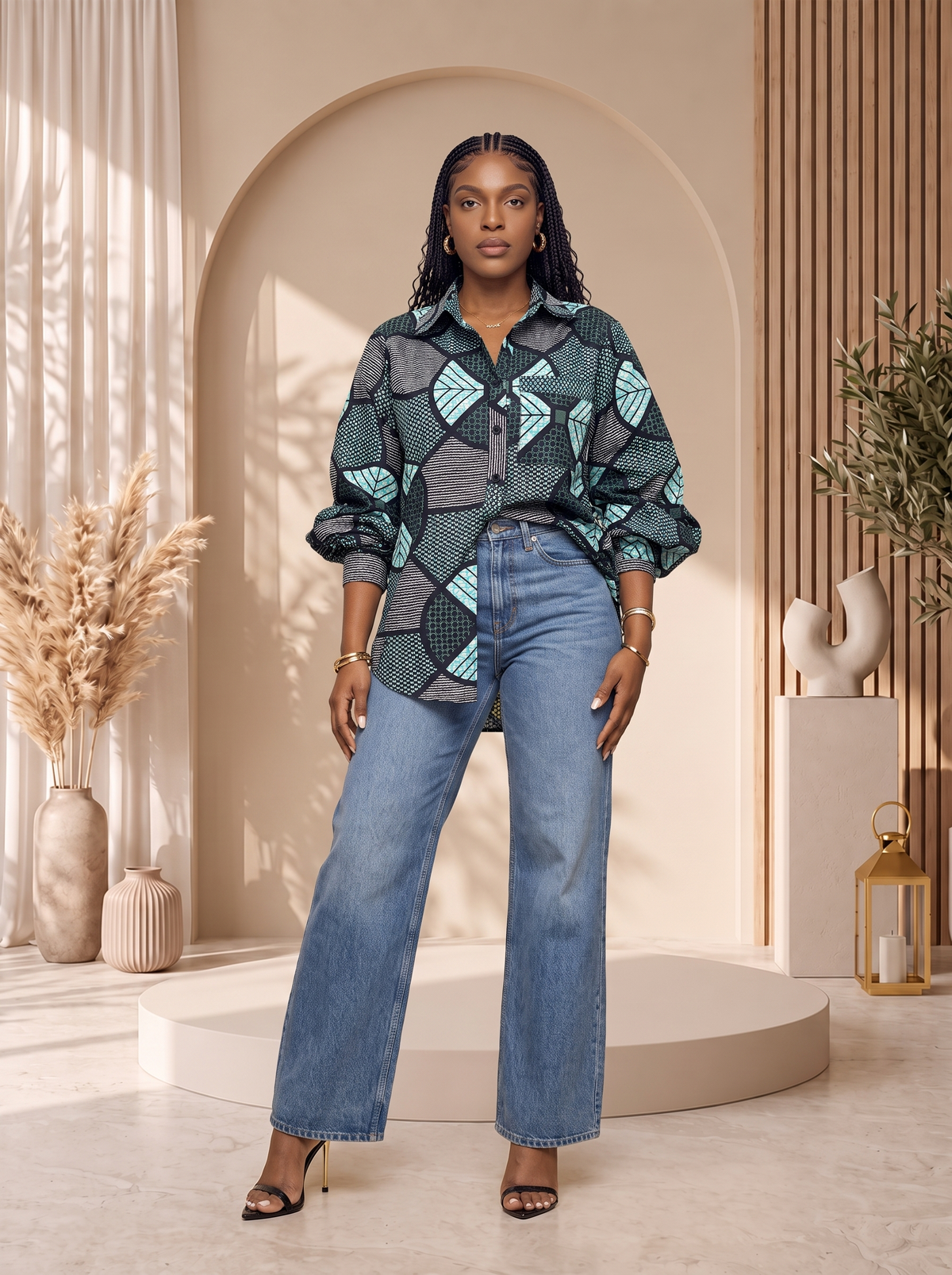 A woman stands in a styled studio setting wearing a long-sleeve button-up shirt with a geometric pattern in teal, gray, and black, paired with wide-leg blue jeans and black heeled sandals.