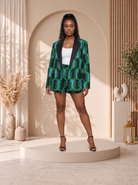 African print blazer, women’s African print blazer, Ankara blazer UK, black and white African print blazer, oversized African print blazer, African print jacket women, African print tailoring, African print blazer and shorts set, contemporary African fashion UK, CUMO London blazer.