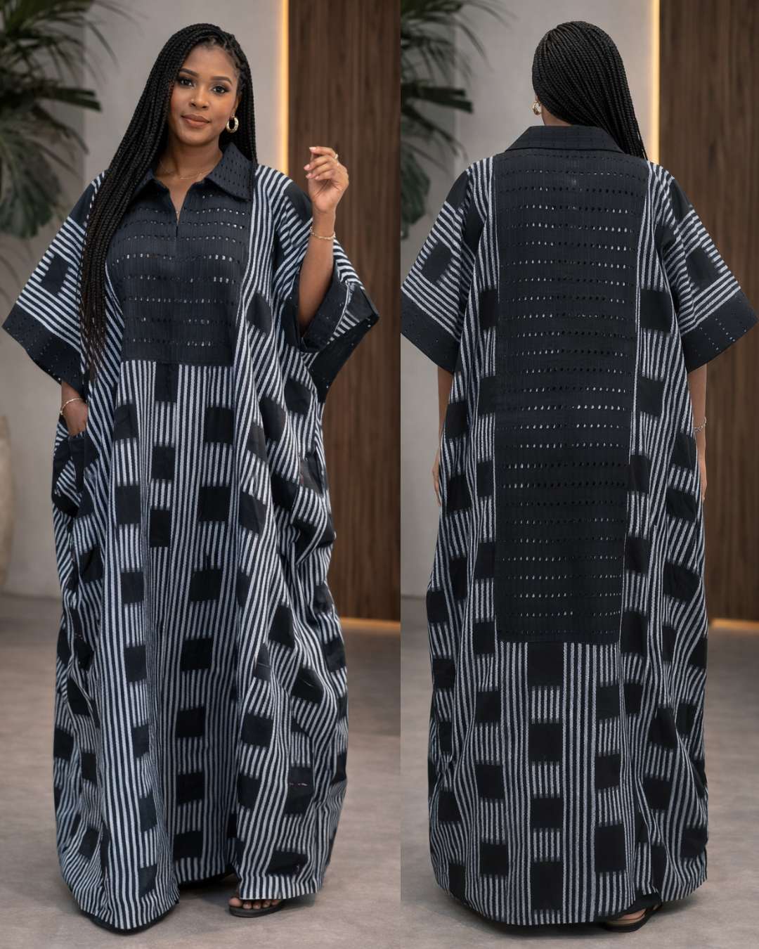 Woman wearing a black and white patterned dress with front and back views.