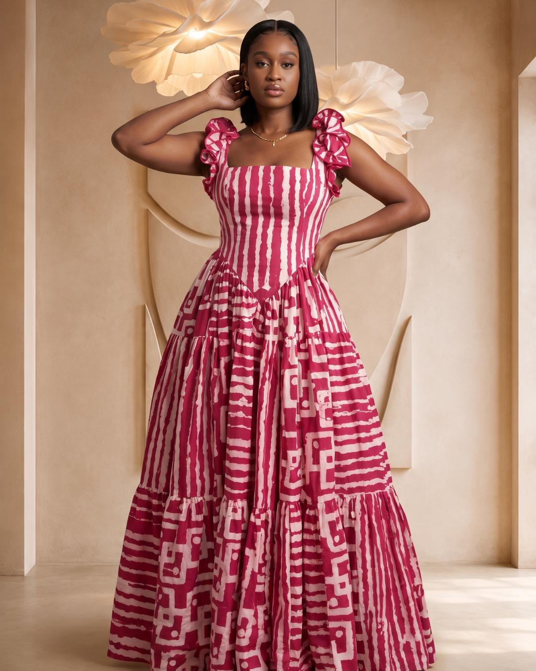 Woman wearing a red and white patterned dress in an elegant interior setting. Woman wearing a colorful patchwork dress in an elegant indoor setting. African print maxi dress from CUMO London, trendy African clothing, summer outfits perfect for summer. Tiered maxi dress handmade with Adire