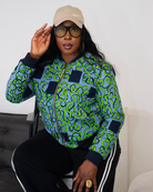 Reversible African Print Bomber Jacket with Denim on the inner reverse | African print Biker Jacket | Ankara print Bomber Jacket | African Print Outerwear | African Winter  style for women | sustainable African Fashion | recycled African print clothing | Ethically sourced fashion | ethically sourced clothing | handmade clothing | African clothing for women | Ankara jacket | Tribal prints kimono | Floral African print clothing | Cotton Blazer | African print workwear | African clothing UK 