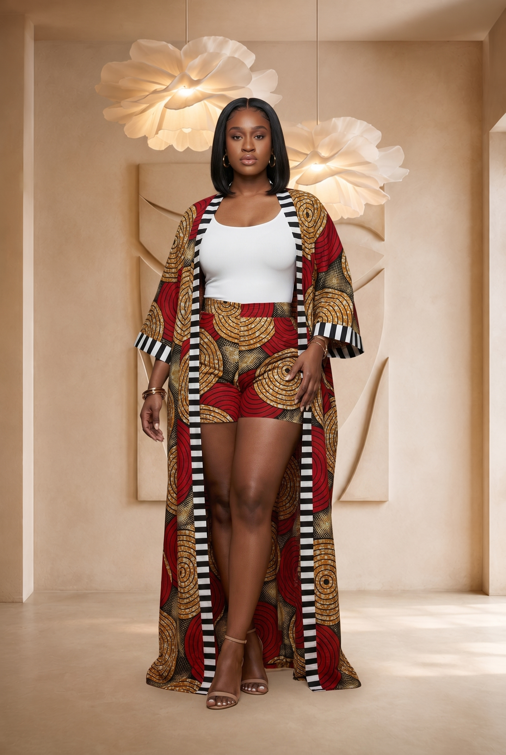 African print kimono set, women’s summer co-ord, Ankara kimono outfit, luxury African fashion UK, colourful summer outfit, African print shorts set, statement resort wear, bold women’s fashion, maxi kimono set