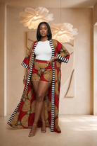 African print kimono set, women’s summer co-ord, Ankara kimono outfit, luxury African fashion UK, colourful summer outfit, African print shorts set, statement resort wear, bold women’s fashion, maxi kimono set