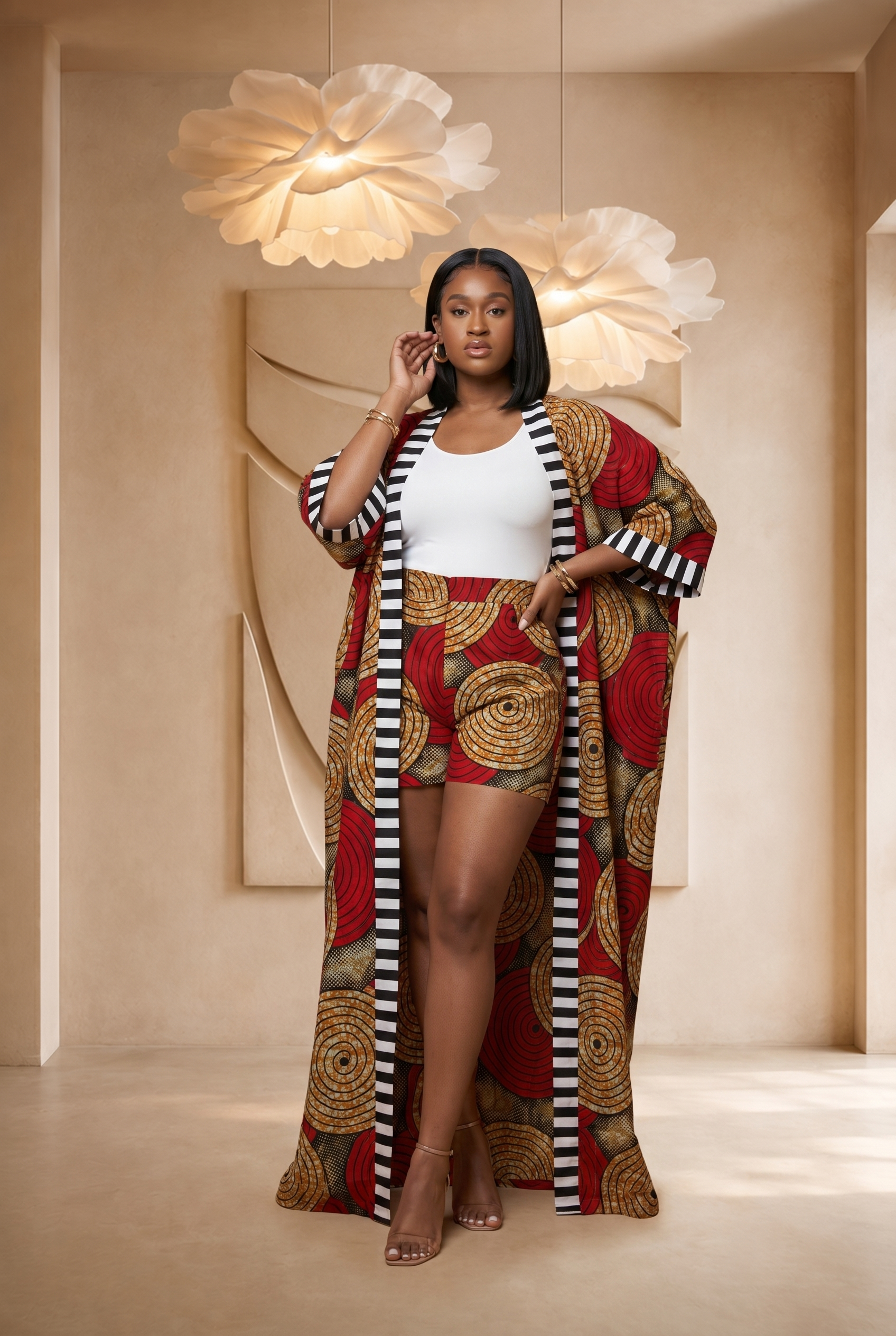 African print kimono set, women’s summer co-ord, Ankara kimono outfit, luxury African fashion UK, colourful summer outfit, African print shorts set, statement resort wear, bold women’s fashion, maxi kimono set