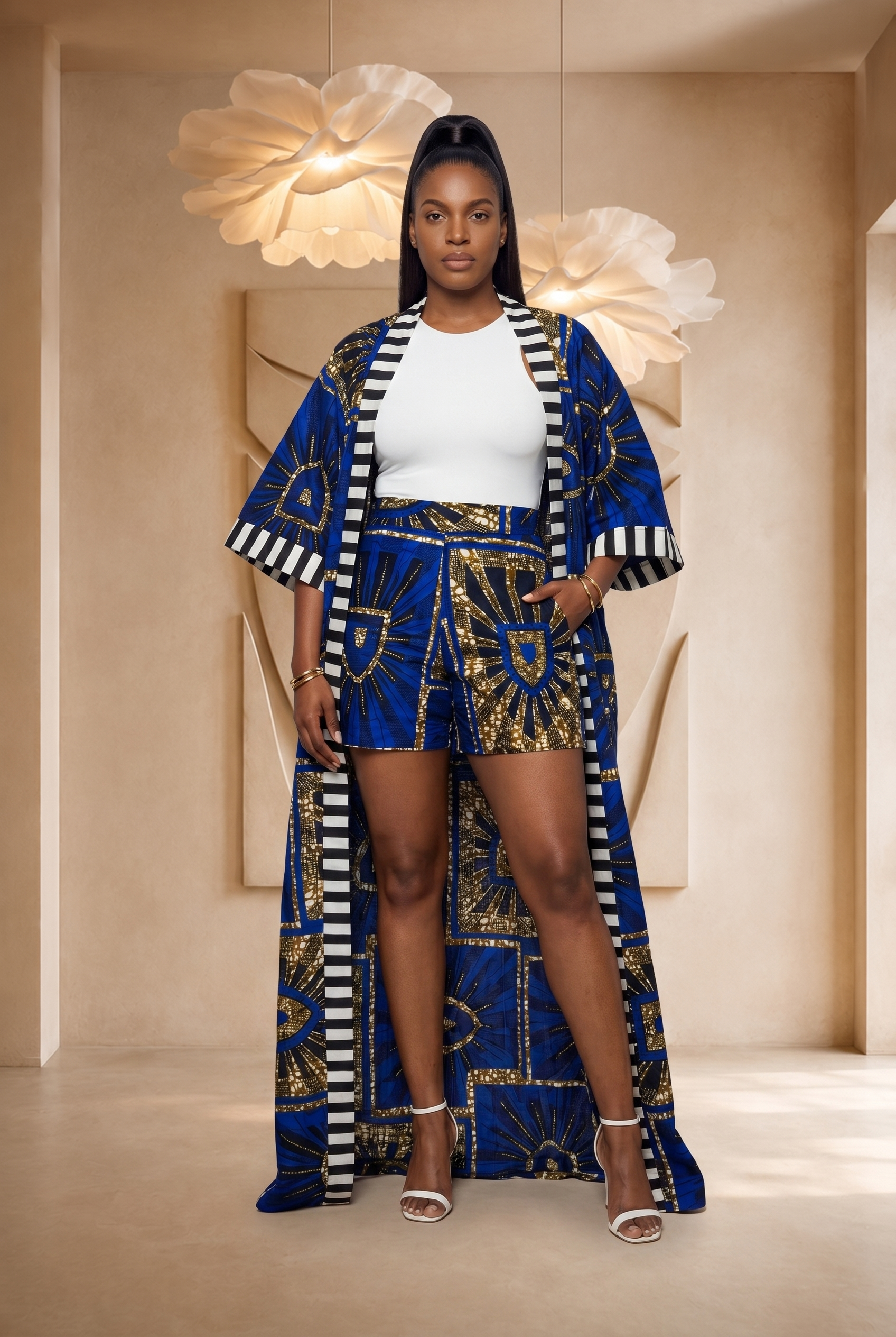 African print kimono set, blue kimono co-ord set, women’s summer co-ord, Ankara shorts set, luxury African fashion UK, bold summer outfit, colourful resort wear, statement kimono outfit, African print two-piece set, Seen in Colours collection, maxi kimono set for women.