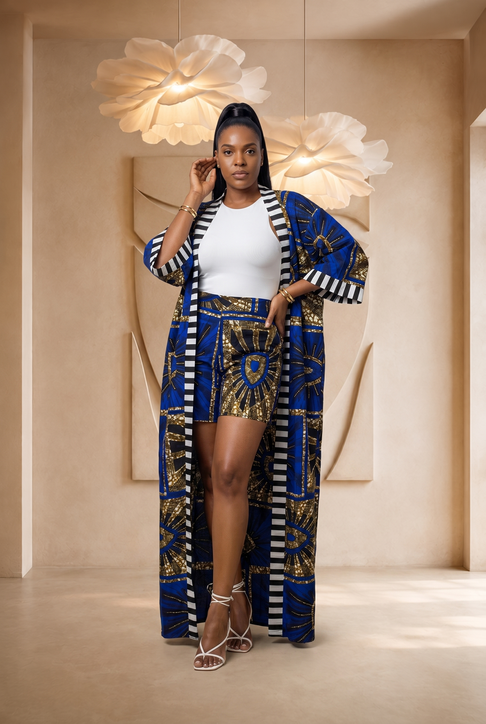 African print kimono set, blue kimono co-ord set, women’s summer co-ord, Ankara shorts set, luxury African fashion UK, bold summer outfit, colourful resort wear, statement kimono outfit, African print two-piece set, Seen in Colours collection, maxi kimono set for women.