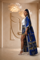 African print kimono set, blue kimono co-ord set, women’s summer co-ord, Ankara shorts set, luxury African fashion UK, bold summer outfit, colourful resort wear, statement kimono outfit, African print two-piece set, Seen in Colours collection, maxi kimono set for women.