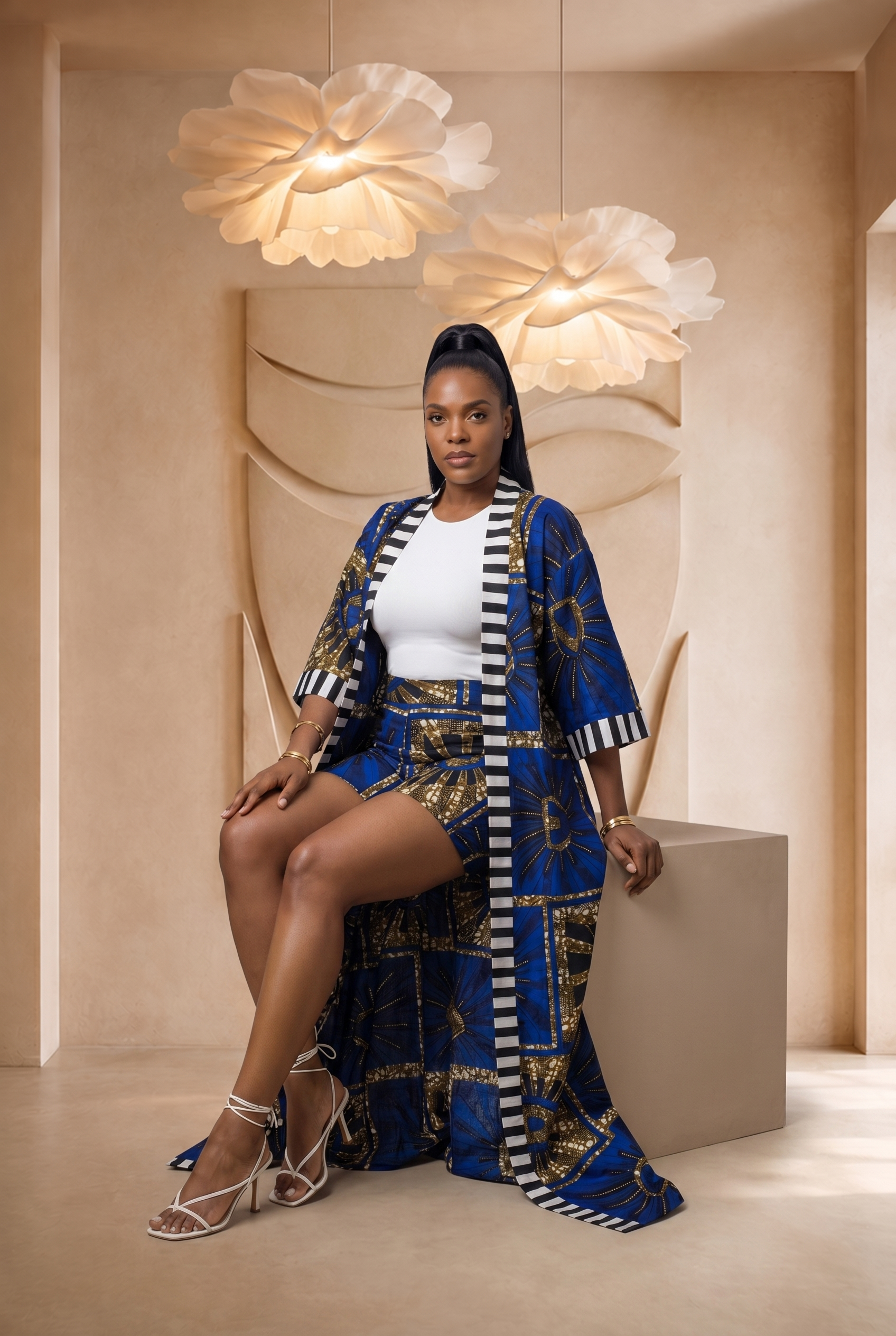 African print kimono set, blue kimono co-ord set, women’s summer co-ord, Ankara shorts set, luxury African fashion UK, bold summer outfit, colourful resort wear, statement kimono outfit, African print two-piece set, Seen in Colours collection, maxi kimono set for women.