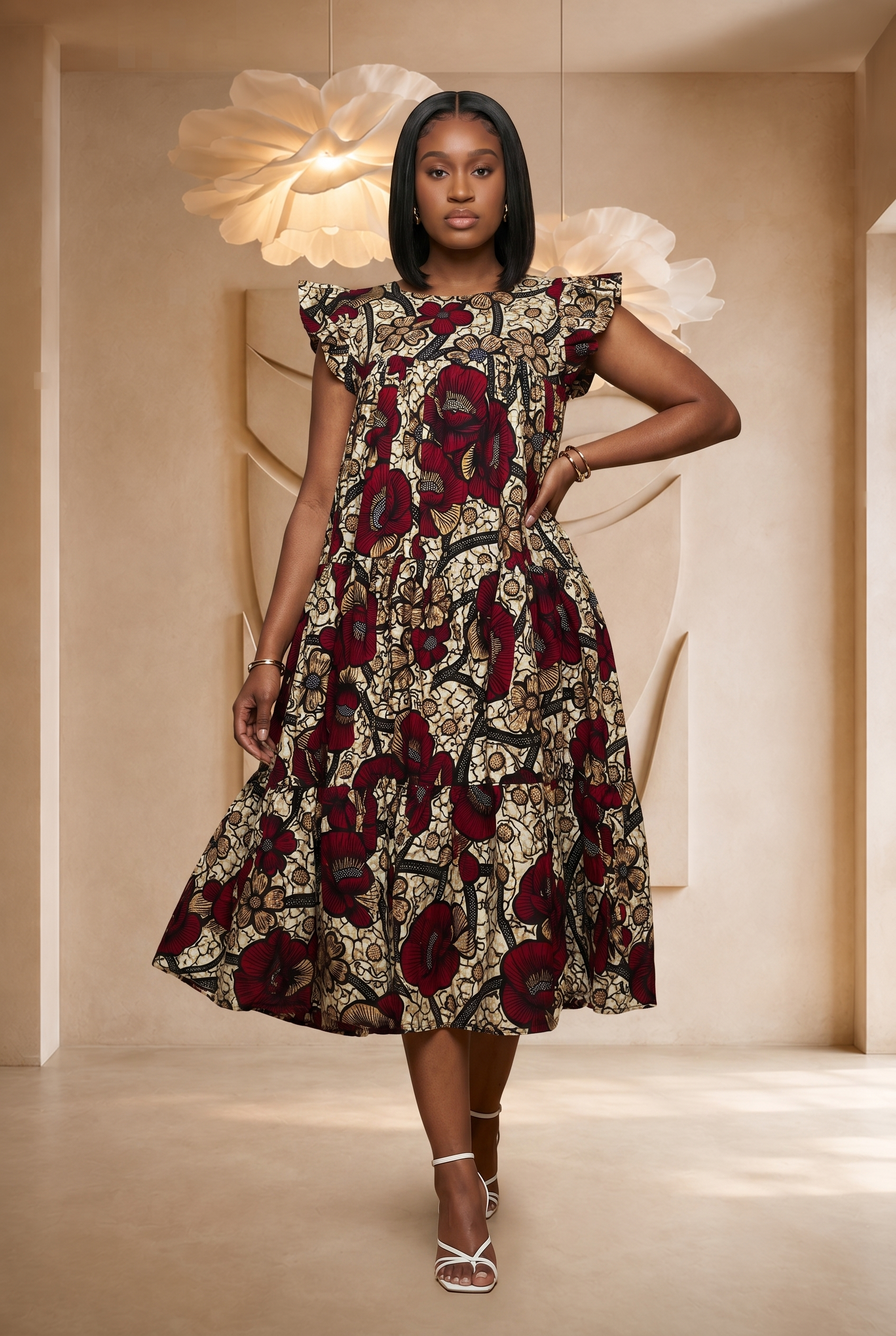 African print midi dress, tiered summer dress, casual African fashion UK, floral midi dress for women, relaxed fit summer dress, colourful everyday dress, African-inspired women’s clothing, breathable summer fashion, elegant midi dress UK