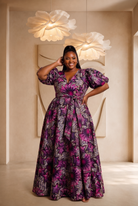 African print maxi dress, plus size African fashion UK, puff sleeve maxi dress, colourful summer dress, statement occasion dress, luxury African clothing, vibrant maxi dress for women, African-inspired summer fashion, wedding guest dress UK, Seen in Colours collection.