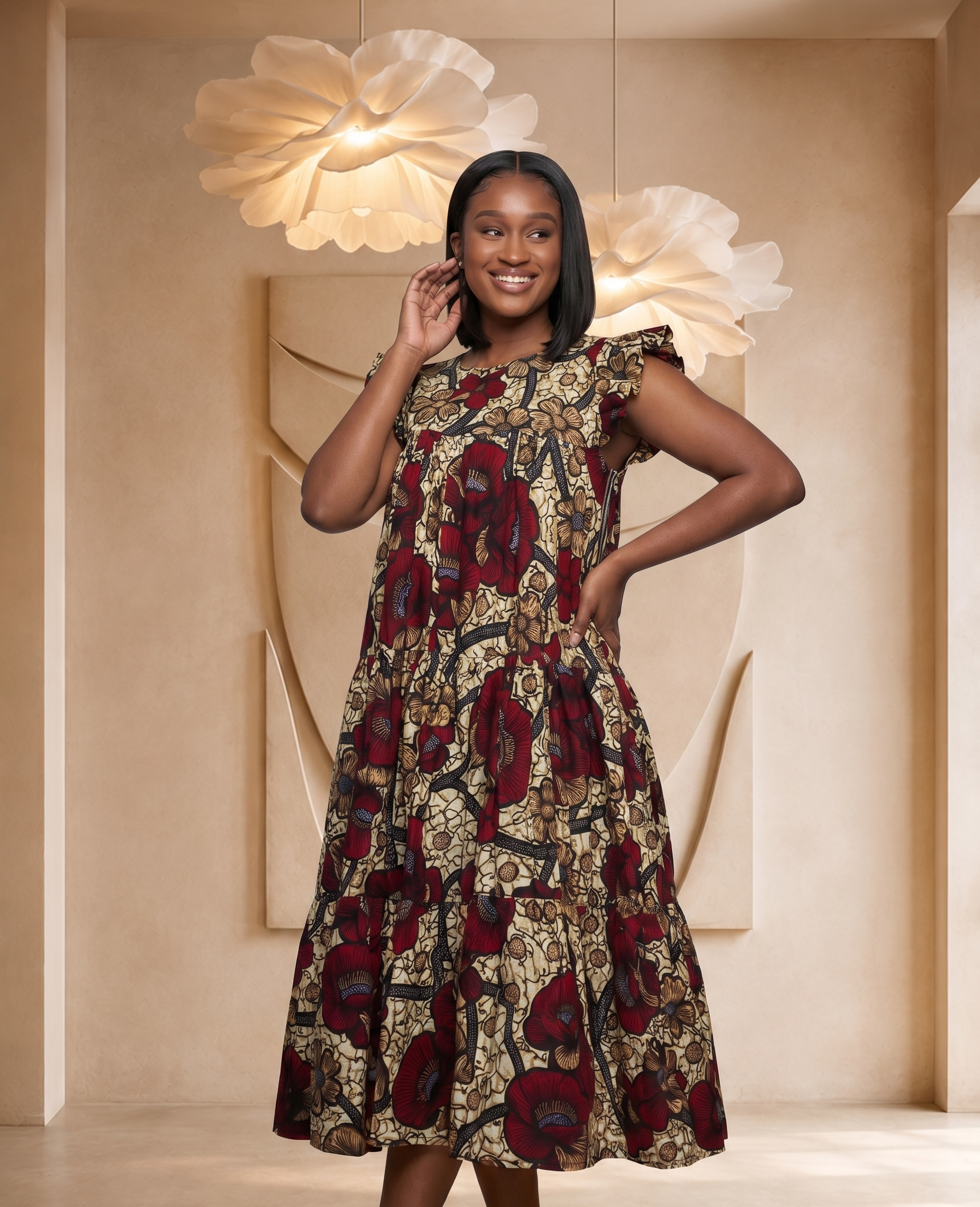 African print midi dress, tiered summer dress, casual African fashion UK, floral midi dress for women, relaxed fit summer dress, colourful everyday dress, African-inspired women’s clothing, breathable summer fashion, elegant midi dress UK
