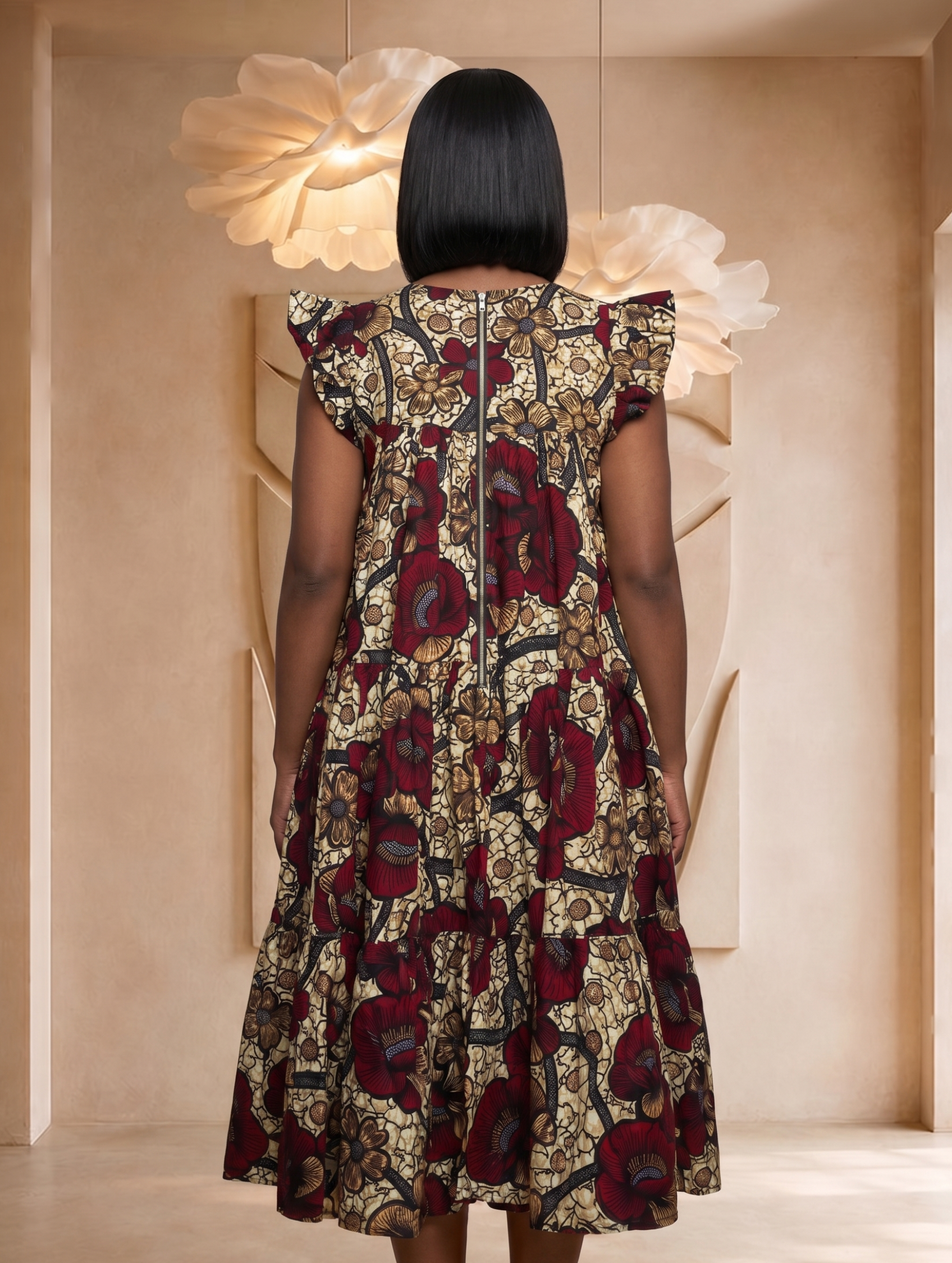 African print midi dress, tiered summer dress, casual African fashion UK, floral midi dress for women, relaxed fit summer dress, colourful everyday dress, African-inspired women’s clothing, breathable summer fashion, elegant midi dress UK