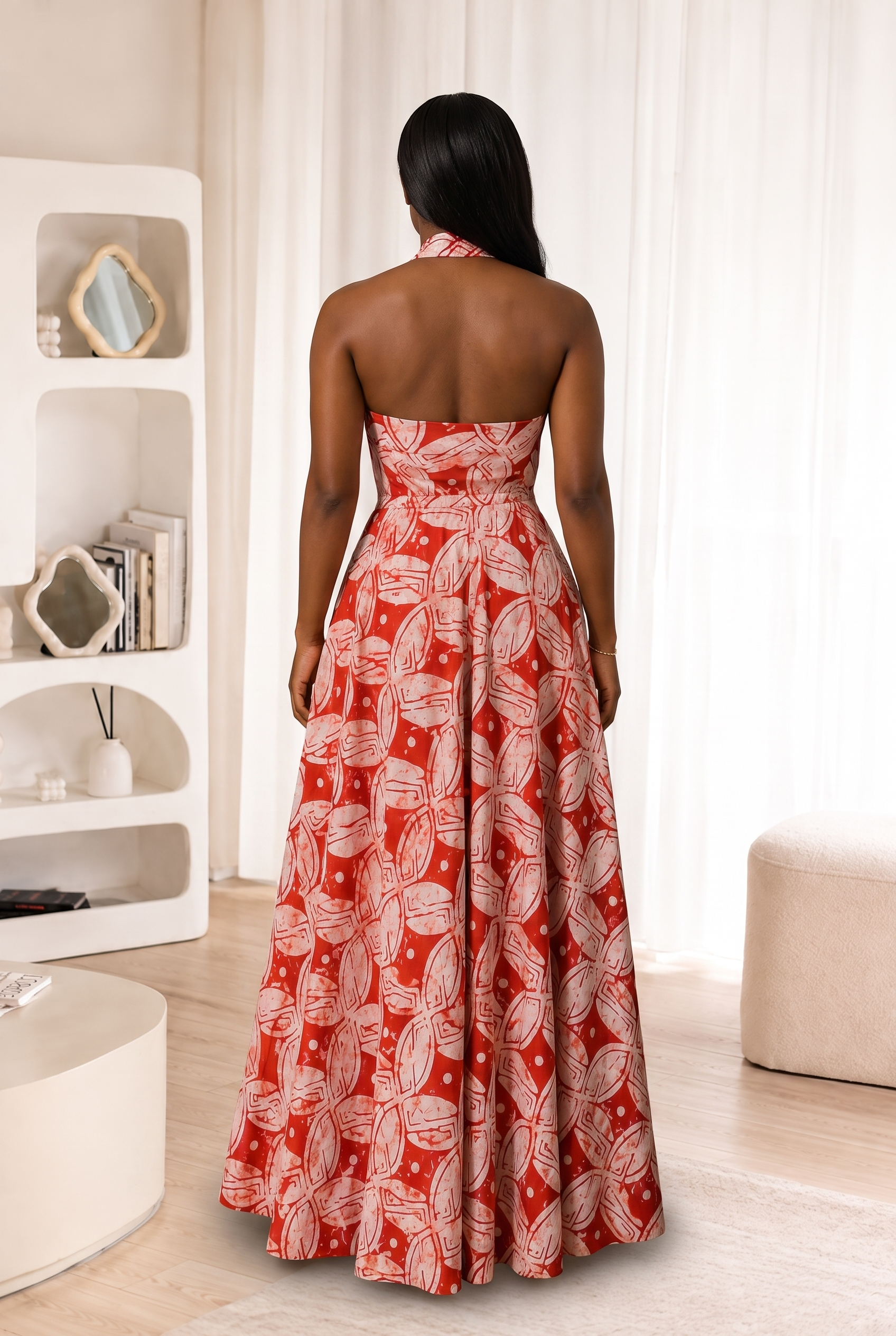 African Adire maxi dress, African print maxi dress UK, navy batik dress, halter maxi dress, African fashion UK, African wedding guest dress, luxury African clothing, contemporary African dress, cotton maxi dress with pockets, women's African clothing, CUMO London dress, African Adire clothing, elegant maxi dress, occasion dress UK, full skirt maxi dress. Kampala dresses, Adire outfits