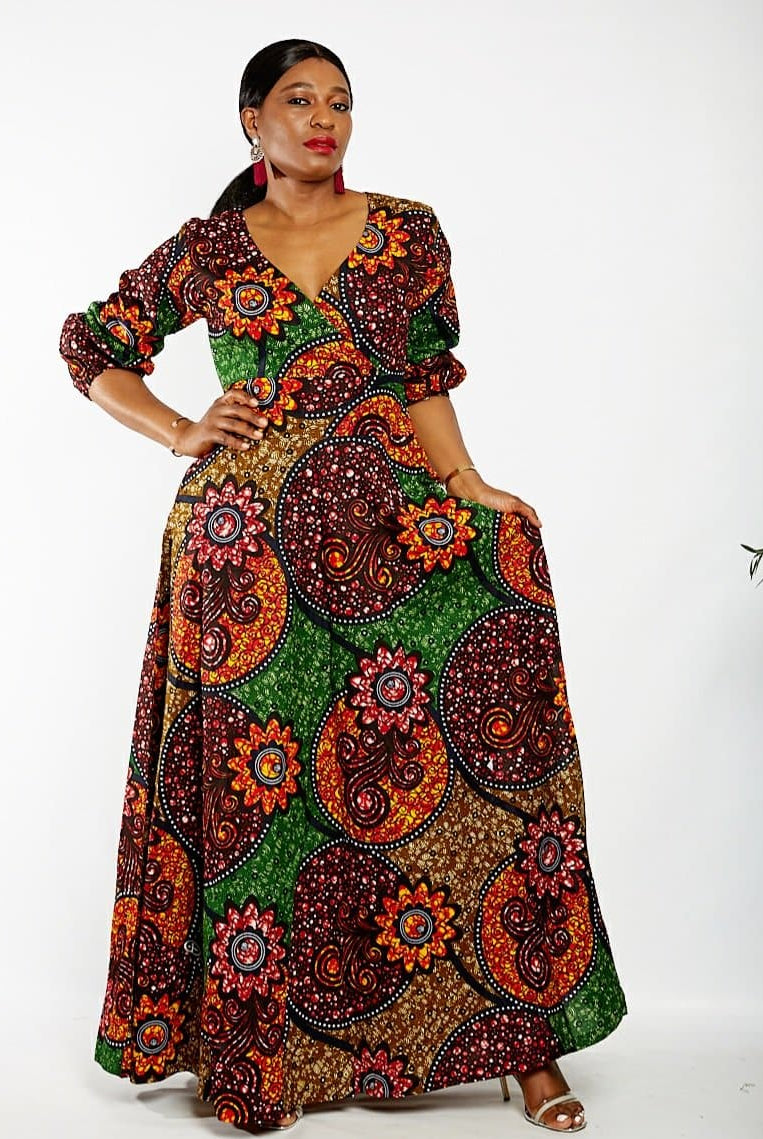 Long Sleeve African Ankara Print Maxi Dress - African Clothing from CUMO LONDON
