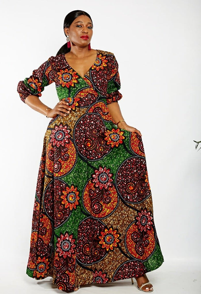 Long Sleeve African Ankara Print Maxi Dress - African Clothing from CUMO LONDON