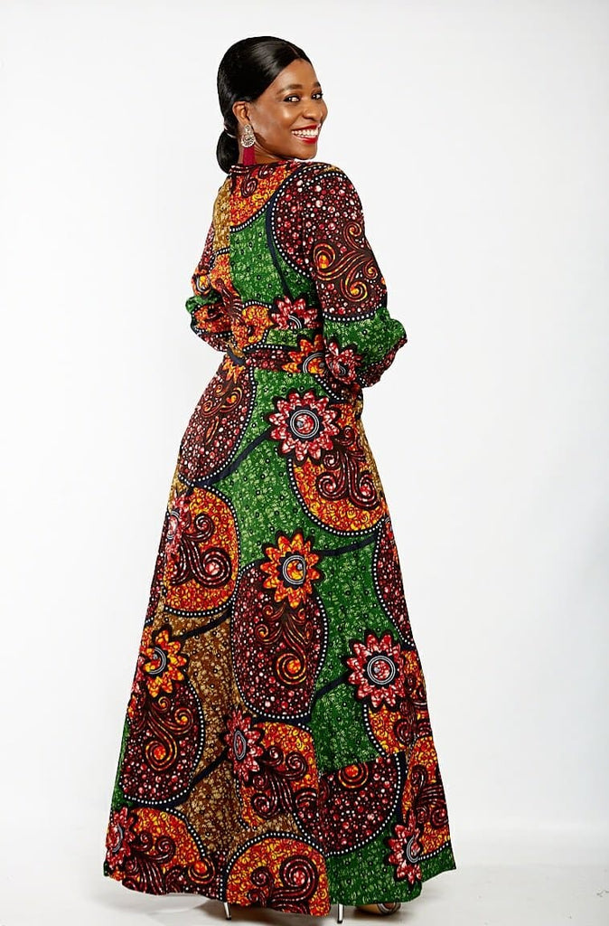 Long Sleeve African Ankara Print Maxi Dress - African Clothing from CUMO LONDON