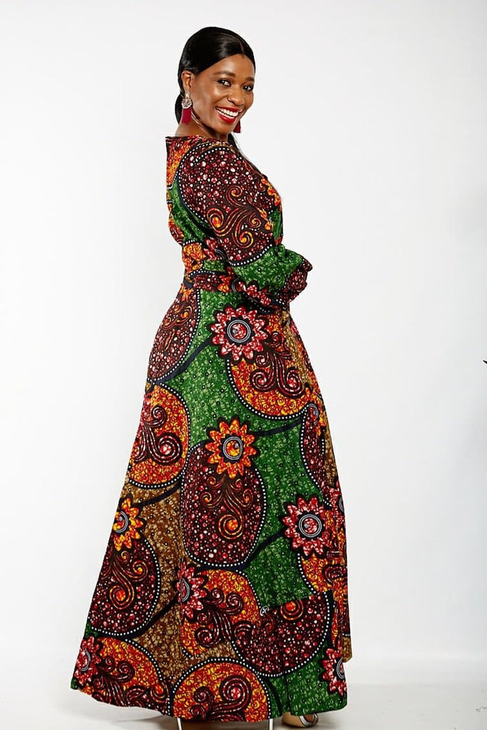Long Sleeve African Ankara Print Maxi Dress - African Clothing from CUMO LONDON