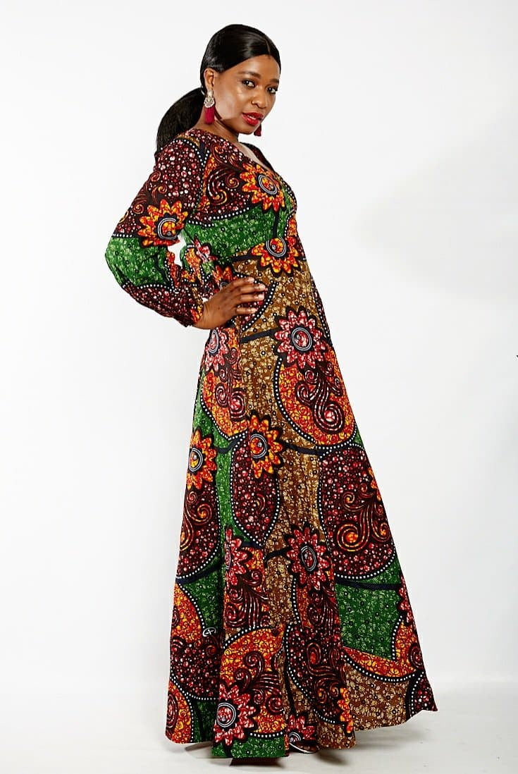 Long Sleeve African Ankara Print Maxi Dress - African Clothing from CUMO LONDON