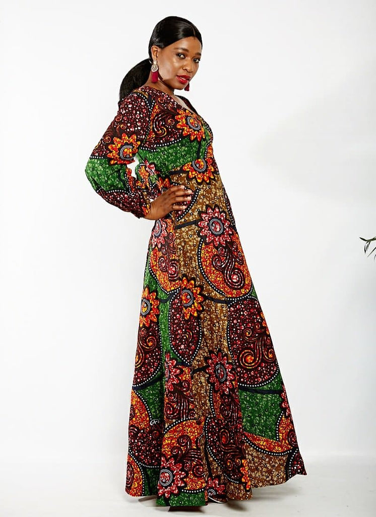Long Sleeve African Ankara Print Maxi Dress - African Clothing from CUMO LONDON