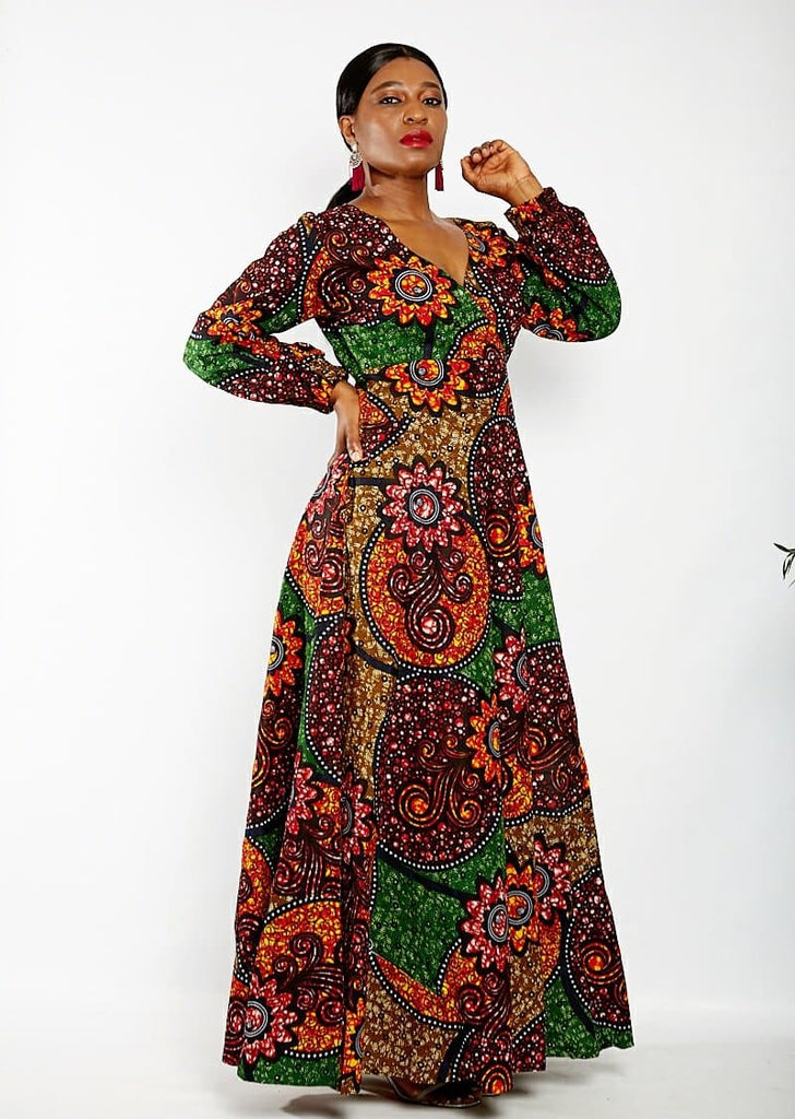 Long Sleeve African Ankara Print Maxi Dress - African Clothing from CUMO LONDON
