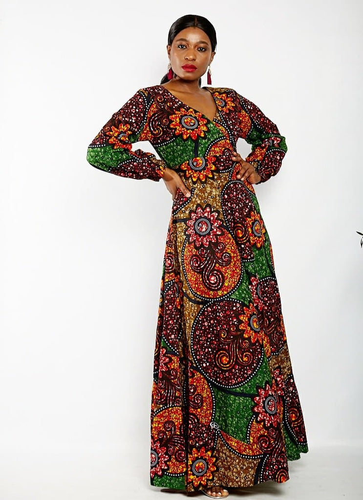 Long Sleeve African Ankara Print Maxi Dress - African Clothing from CUMO LONDON