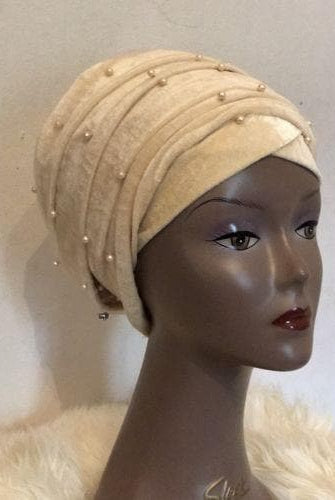 Nude Beaded velvet Turban headwraps (double) ....available in Other colour - African Clothing from CUMO LONDON