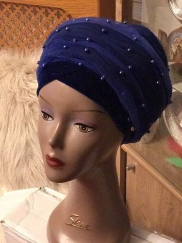 Double Beaded velvet Turban headwraps With Mesh Net in Royal Blue - African Clothing from CUMO LONDON