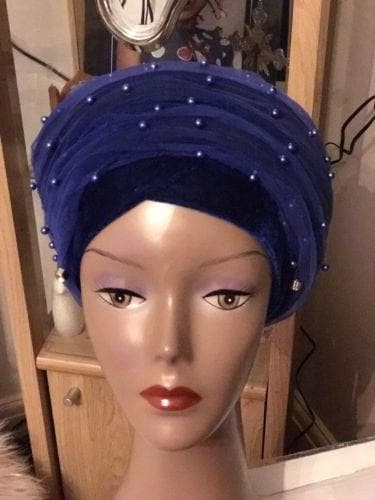 Double Beaded velvet Turban headwraps With Mesh Net in Royal Blue - African Clothing from CUMO LONDON
