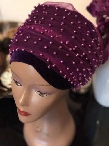 Full Beaded Purple Double velvet Turban headwraps ....available in diff colour - African Clothing from CUMO LONDON