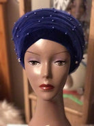 Double Beaded velvet Turban headwraps With Mesh Net in Royal Blue - African Clothing from CUMO LONDON