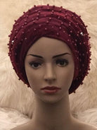 Full Beaded Double Burgundy velvet Turban headwraps. Other colours Available - African Clothing from CUMO LONDON