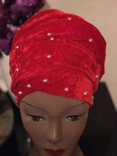 Double Pearl Velvet Turban headwraps In Red (other Colours Available) - African Clothing from CUMO LONDON