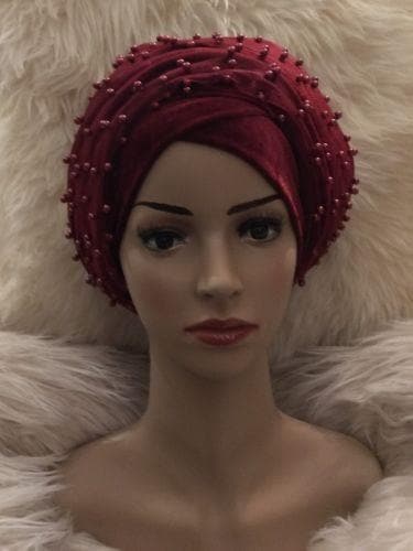Full Beaded Double Burgundy velvet Turban headwraps. Other colours Available - African Clothing from CUMO LONDON