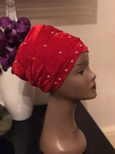Double Pearl Velvet Turban headwraps In Red (other Colours Available) - African Clothing from CUMO LONDON