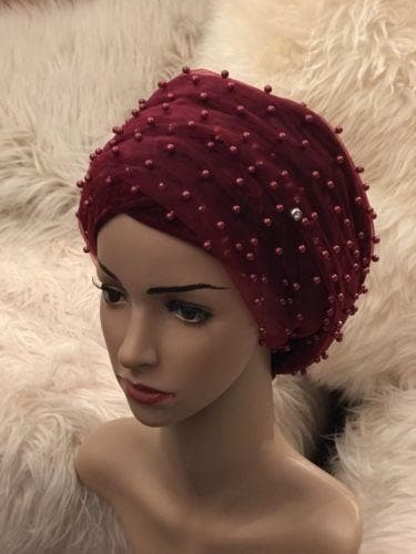 Full Beaded Double Burgundy velvet Turban headwraps. Other colours Available - African Clothing from CUMO LONDON