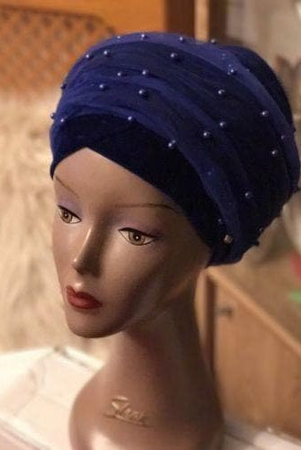 Double Beaded velvet Turban headwraps With Mesh Net in Royal Blue - African Clothing from CUMO LONDON