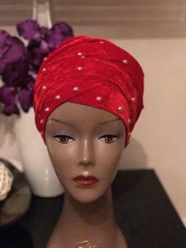 Double Pearl Velvet Turban headwraps In Red (other Colours Available) - African Clothing from CUMO LONDON