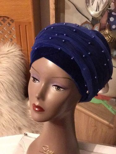 Double Beaded velvet Turban headwraps With Mesh Net in Royal Blue - African Clothing from CUMO LONDON