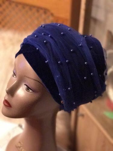 Double Beaded velvet Turban headwraps With Mesh Net in Royal Blue - African Clothing from CUMO LONDON