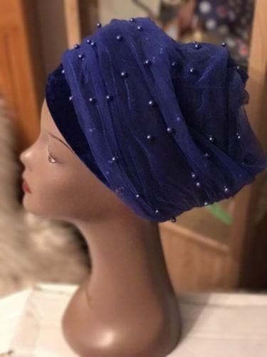 Double Beaded velvet Turban headwraps With Mesh Net in Royal Blue - African Clothing from CUMO LONDON