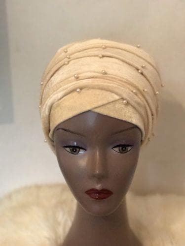 Nude Beaded velvet Turban headwraps (double) ....available in Other colour - African Clothing from CUMO LONDON