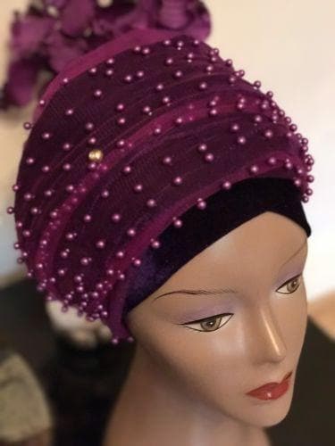Full Beaded Purple Double velvet Turban headwraps ....available in diff colour - African Clothing from CUMO LONDON