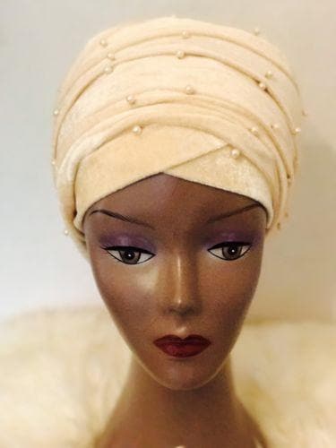 Nude Beaded velvet Turban headwraps (double) ....available in Other colour - African Clothing from CUMO LONDON