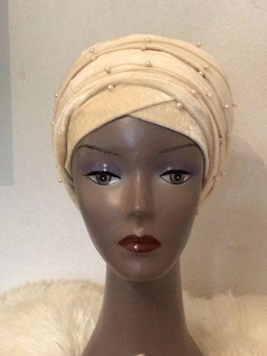 Nude Beaded velvet Turban headwraps (double) ....available in Other colour - African Clothing from CUMO LONDON