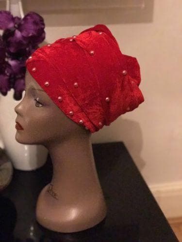 Double Pearl Velvet Turban headwraps In Red (other Colours Available) - African Clothing from CUMO LONDON