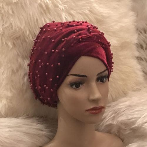 Full Beaded Double Burgundy velvet Turban headwraps. Other colours Available - African Clothing from CUMO LONDON