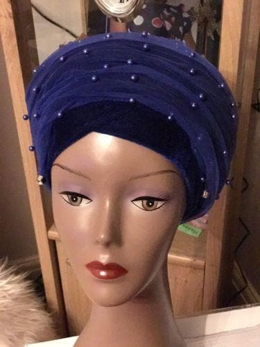 Double Beaded velvet Turban headwraps With Mesh Net in Royal Blue - African Clothing from CUMO LONDON