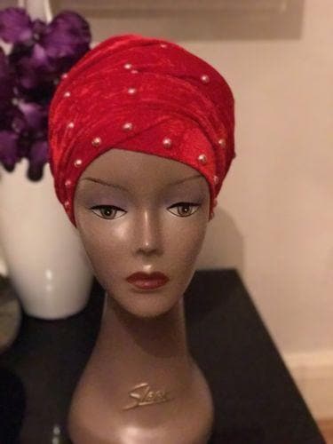 Double Pearl Velvet Turban headwraps In Red (other Colours Available) - African Clothing from CUMO LONDON