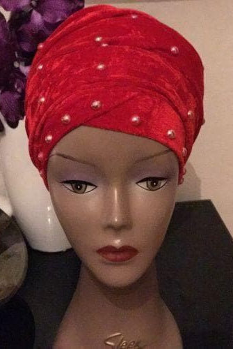 Double Pearl Velvet Turban headwraps In Red (other Colours Available) - African Clothing from CUMO LONDON