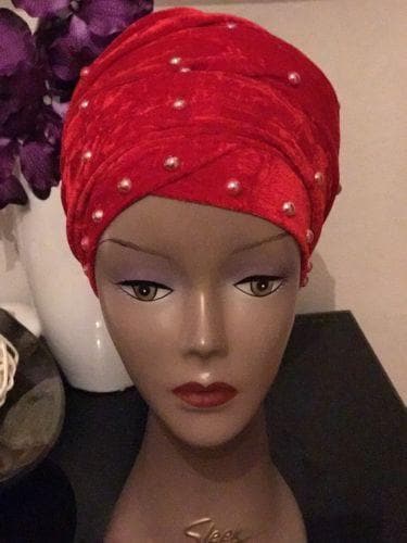Double Pearl Velvet Turban headwraps In Red (other Colours Available) - African Clothing from CUMO LONDON